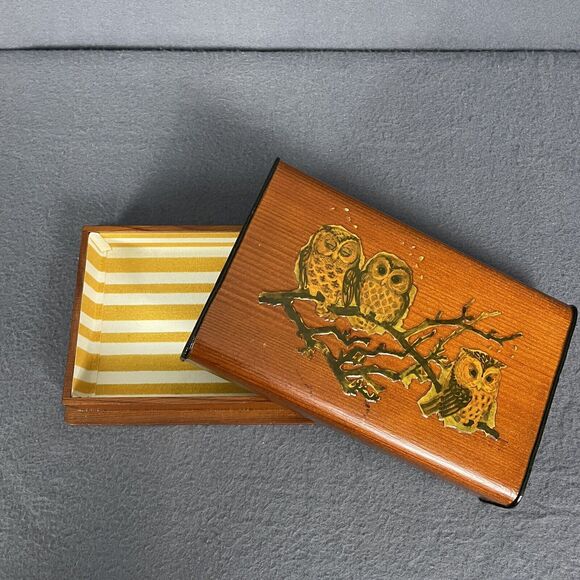 Source Unknown Other - Vintage Wood Box Owl Illustrated Decoupage w/ Yellow White Interior